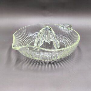 Vintage Clear Glass Ribbed Citrus Reamer Juicer w Thumb Rest Flat Handle 8"x2.5"